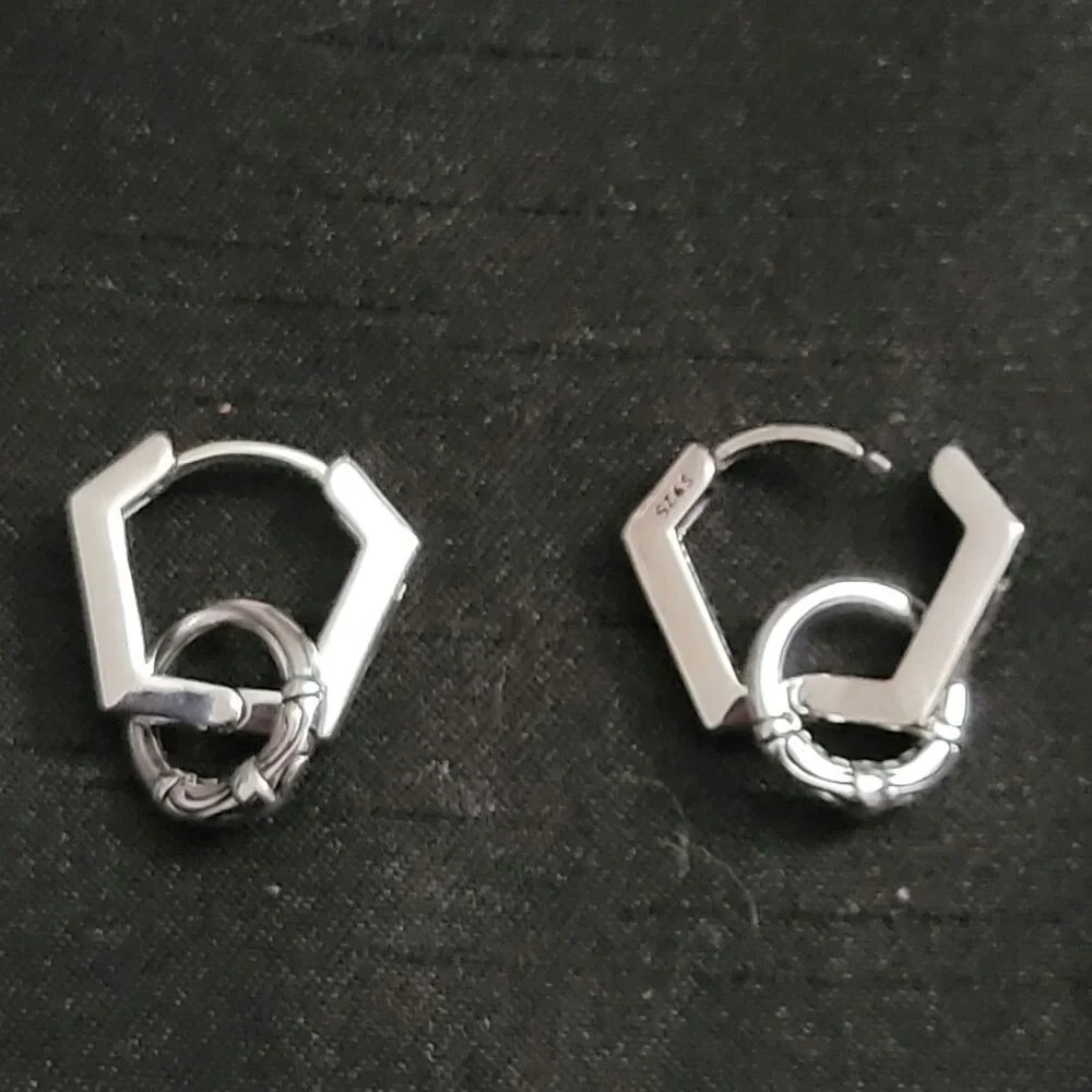Men's unique etched silver tone geometric hoop earrings